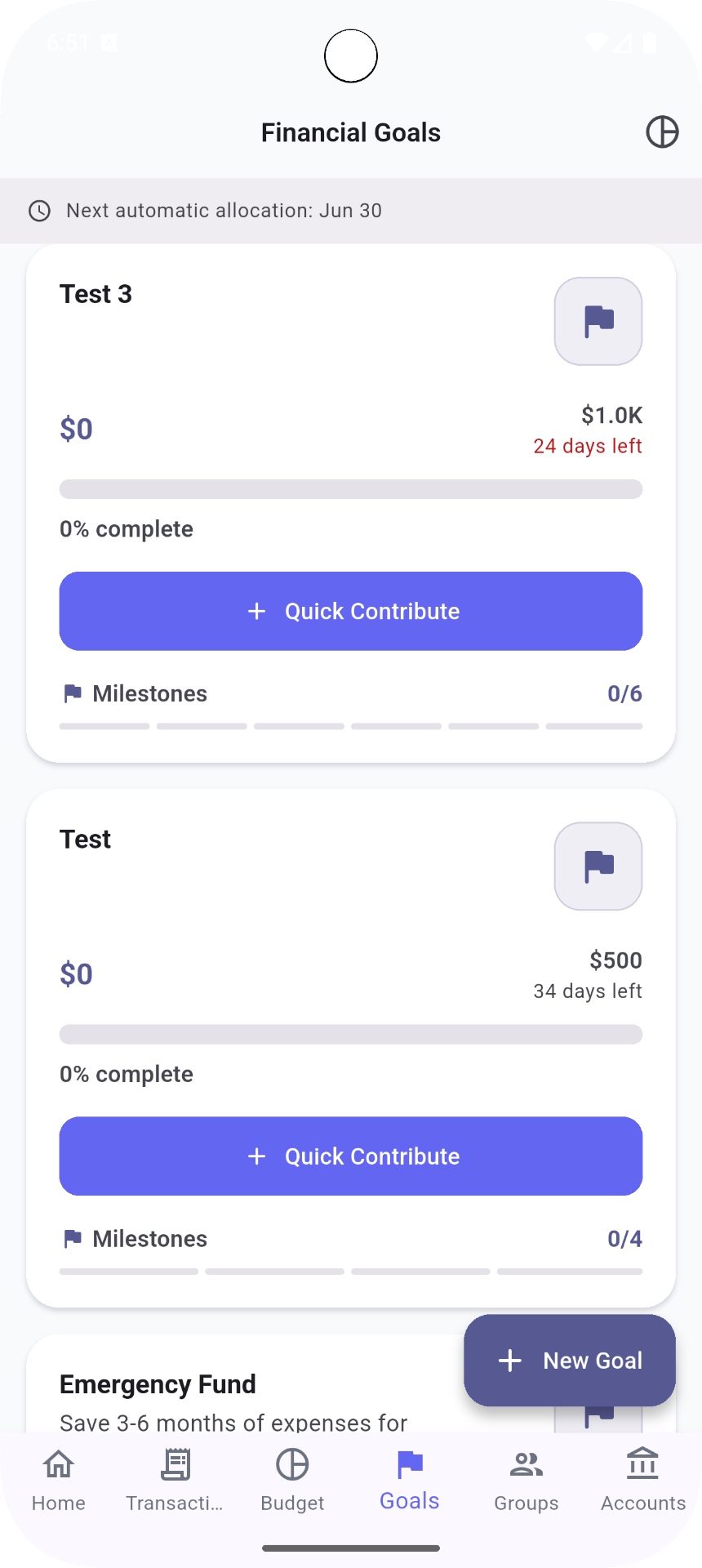 Savida Financial Goals interface showing goal tracking and progress bars