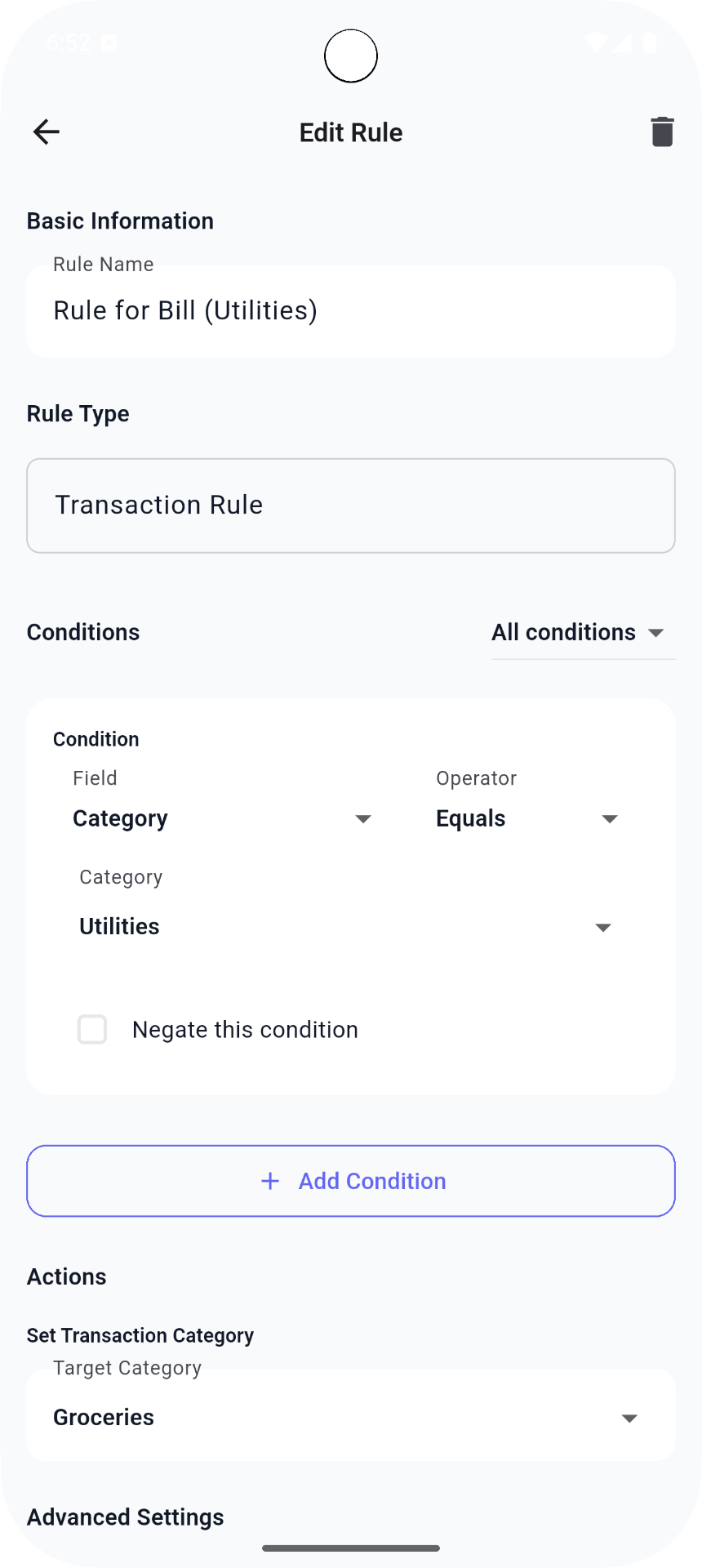 Savida Transaction Rules interface for automated categorization